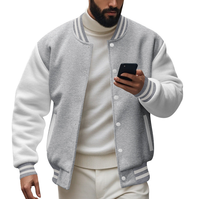 Men's College Baseball Jacket in Varsity Style with Ribbed Cuffs and Snap Button Placket Mune Fashion