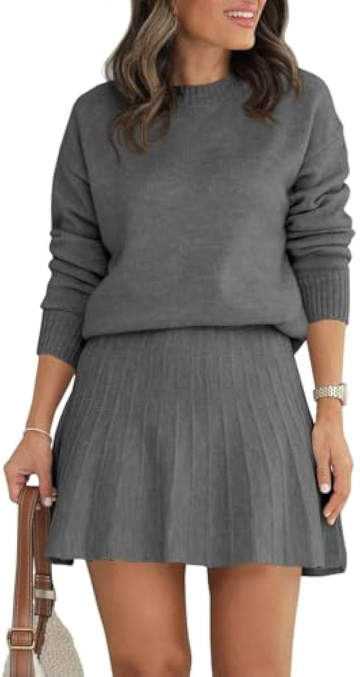 Women's Two-Piece Knit Set with Round Neck Sweater and Pleated Mini Skirt Drune