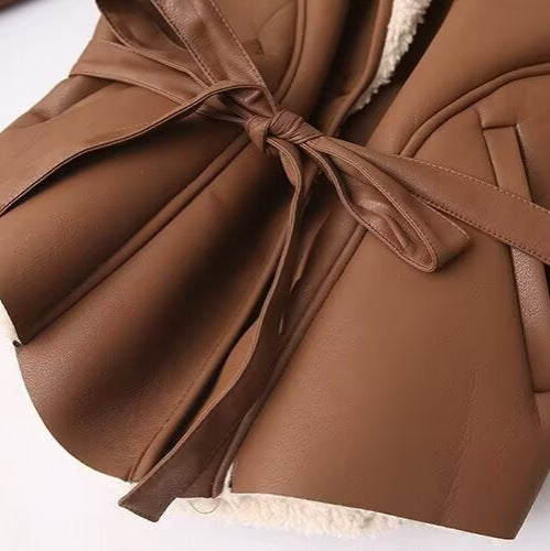 Women's Short Faux Leather Jacket with Teddy Lining, Shawl Collar and Waist Belt Mune Fashion