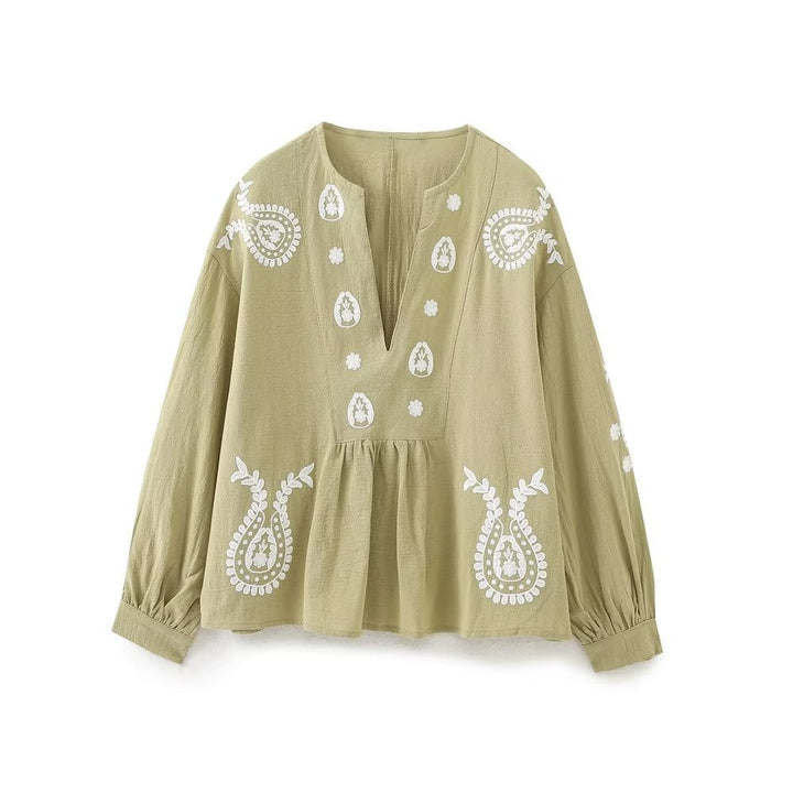 Women's embroidered tunic blouse with paisley embroidery, V-neck and voluminous balloon sleeves Mune Fashion