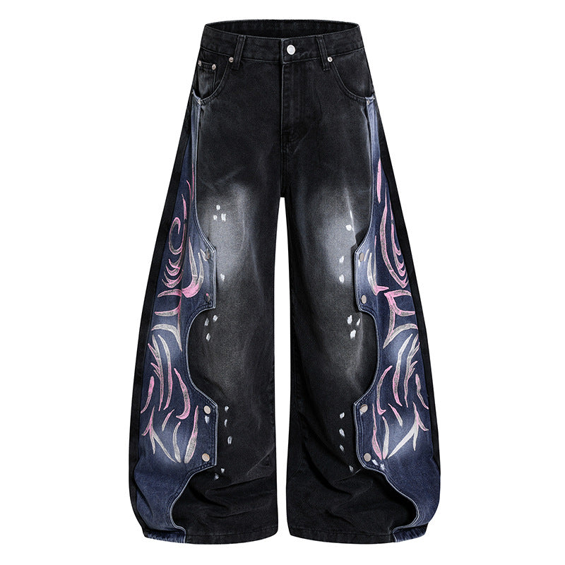 Women's High-Waist wide Balloon-Denim-Culotte with contrast-side Artwork-Panels Mune Fashion