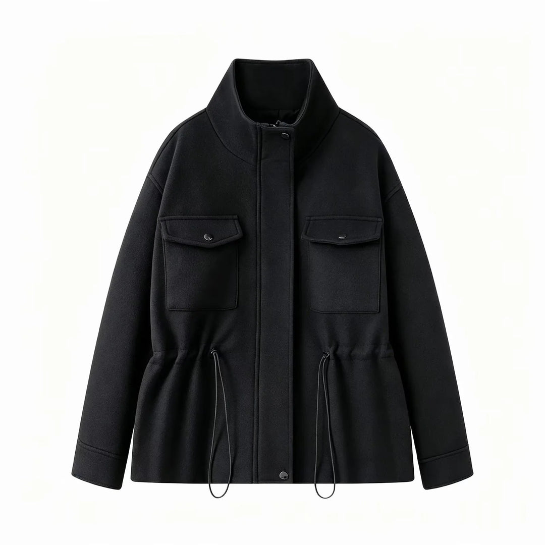 Women's fitted parka jacket with high stand-up collar, drawstring waist and applied flap pockets Mune Fashion