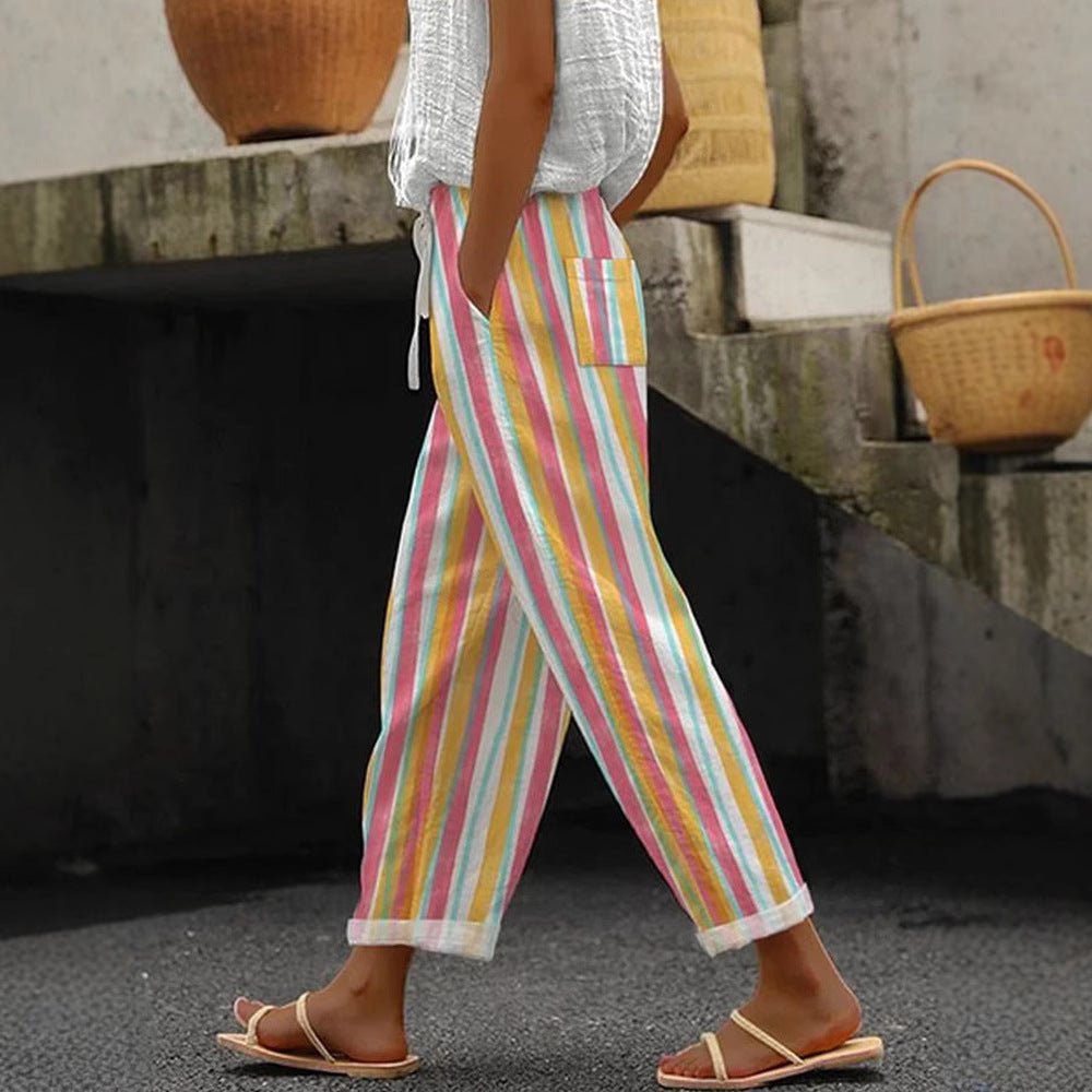 Women's Wide Linen Pants with Striped Pattern Mune Fashion