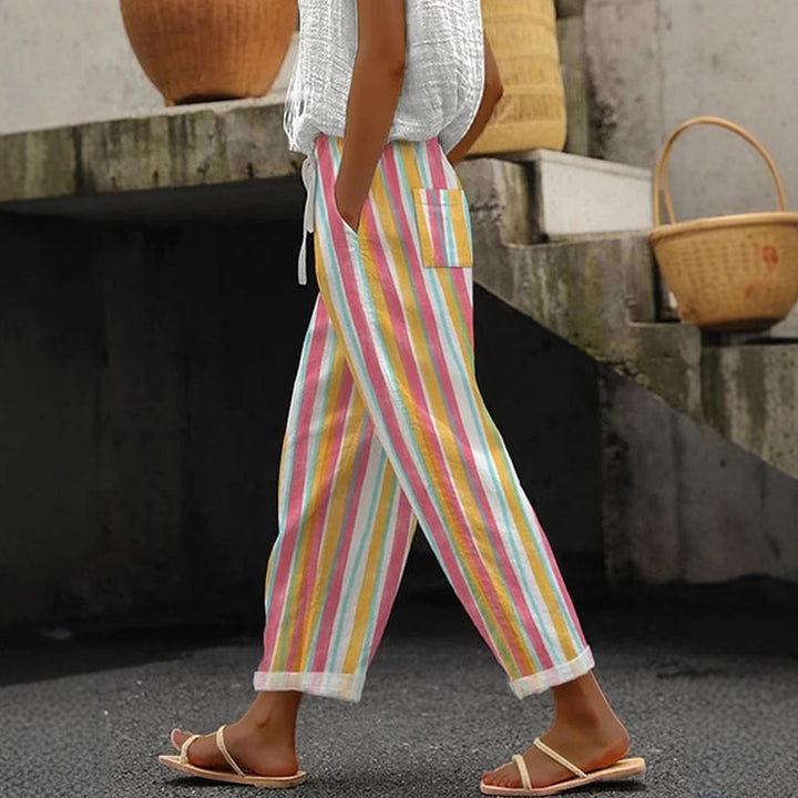 Women's Wide Linen Pants with Striped Pattern Mune Fashion