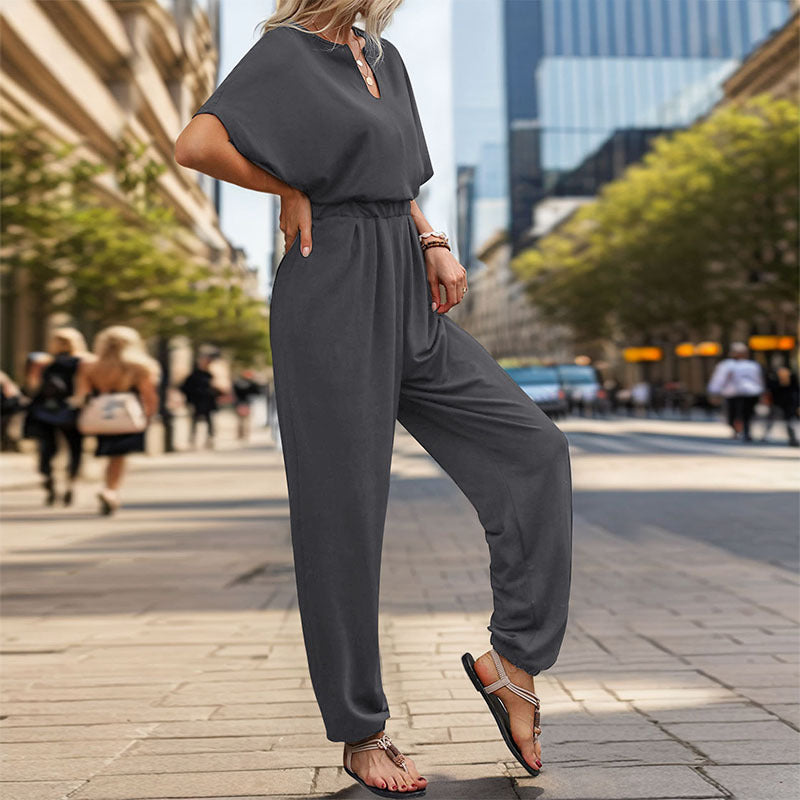 Women's Casual Jumpsuit with Waist Smocking, Short Batwing Sleeves and Elastic Ankle Cuffs Mune Fashion