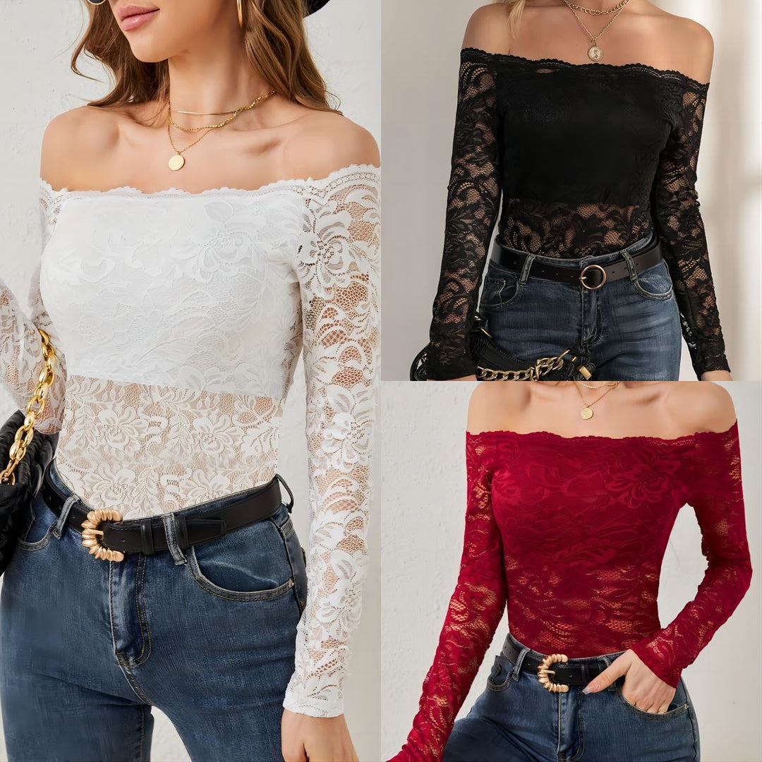 Women’s off-the-shoulder lace bodysuit with long lace sleeves and transparent waist area Mune Fashion