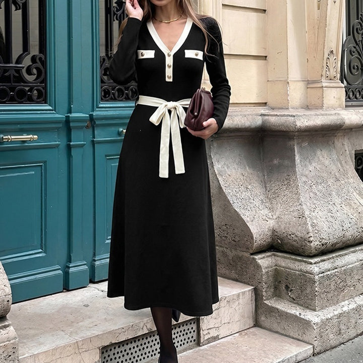 Women's Elegant Long Sleeve Dress with Belt Mune Fashion