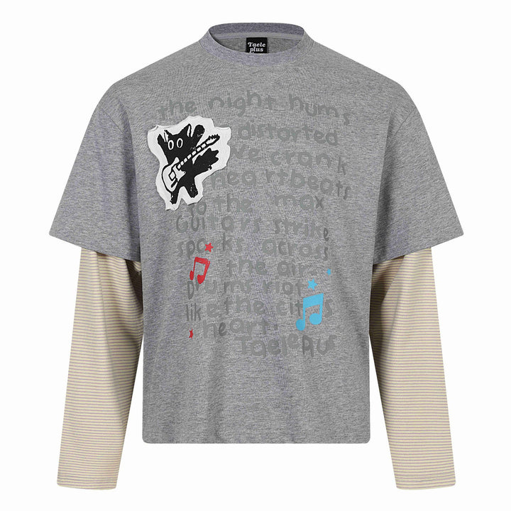 Unisex Layered Look Long Sleeve T-Shirt with Attached Short Sleeve Layer and Graphic Print Mune Fashion