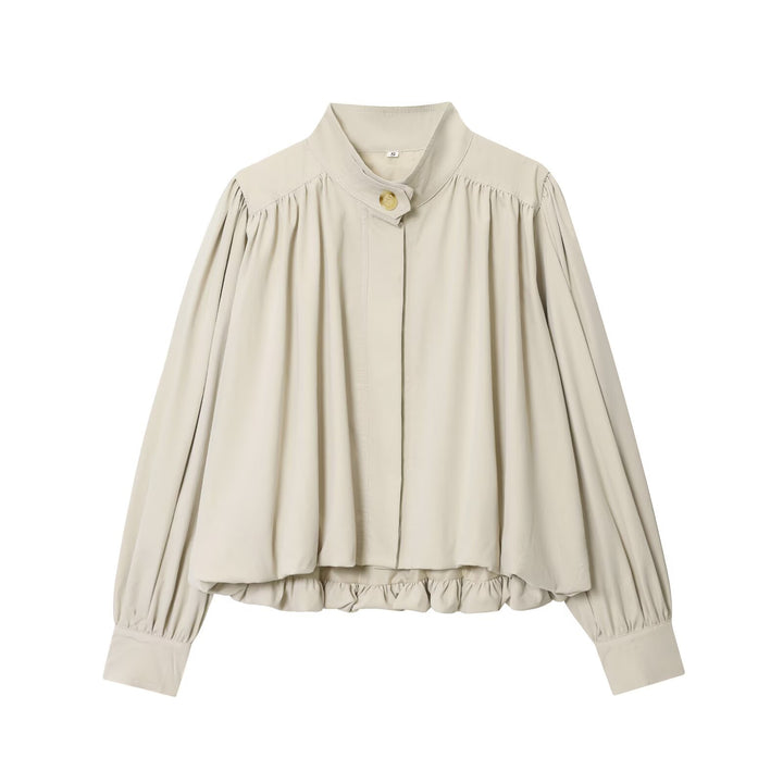 Women's Voluminous Cropped Blouse with Stand Collar, Gatherings and Elastic Hem Mune Fashion