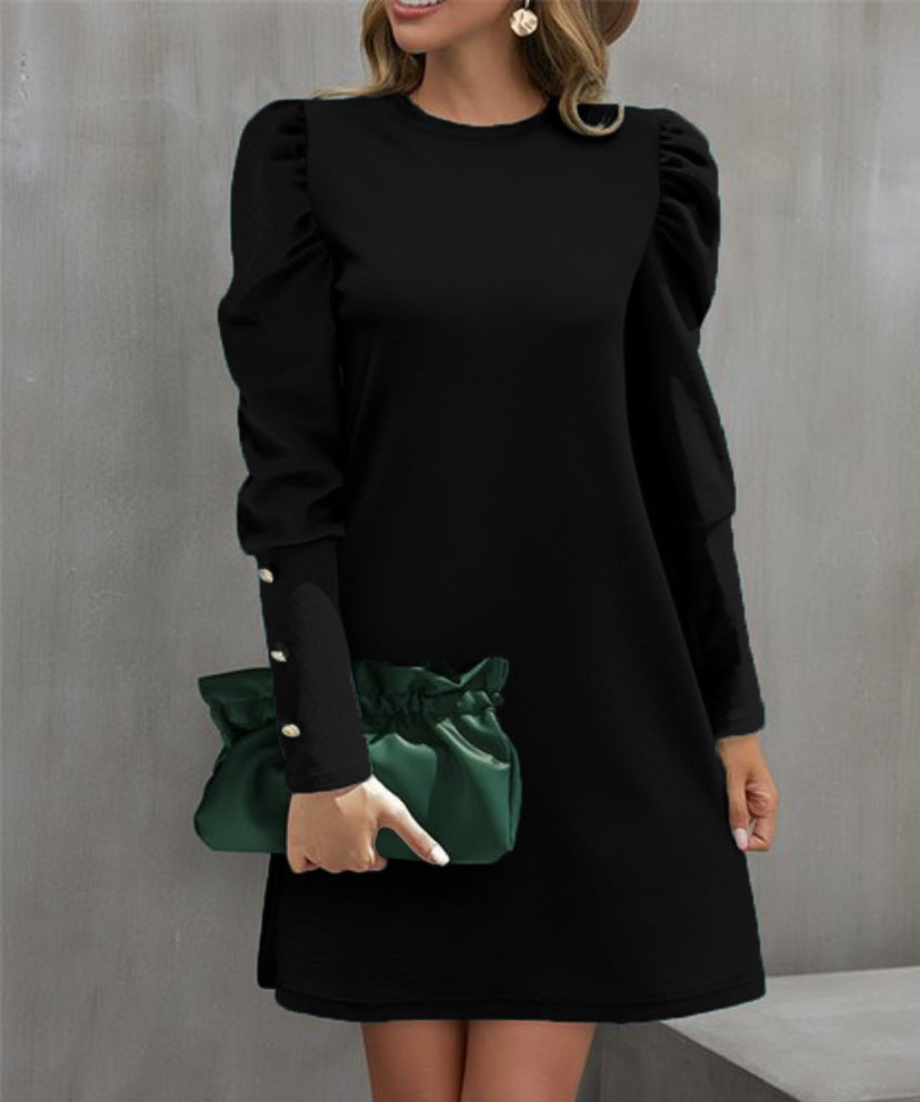 Ladies elegant A-line mini dress with gathered puff sleeves and decorative cufflinks Mune Fashion