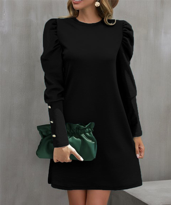 Ladies elegant A-line mini dress with gathered puff sleeves and decorative cufflinks Mune Fashion