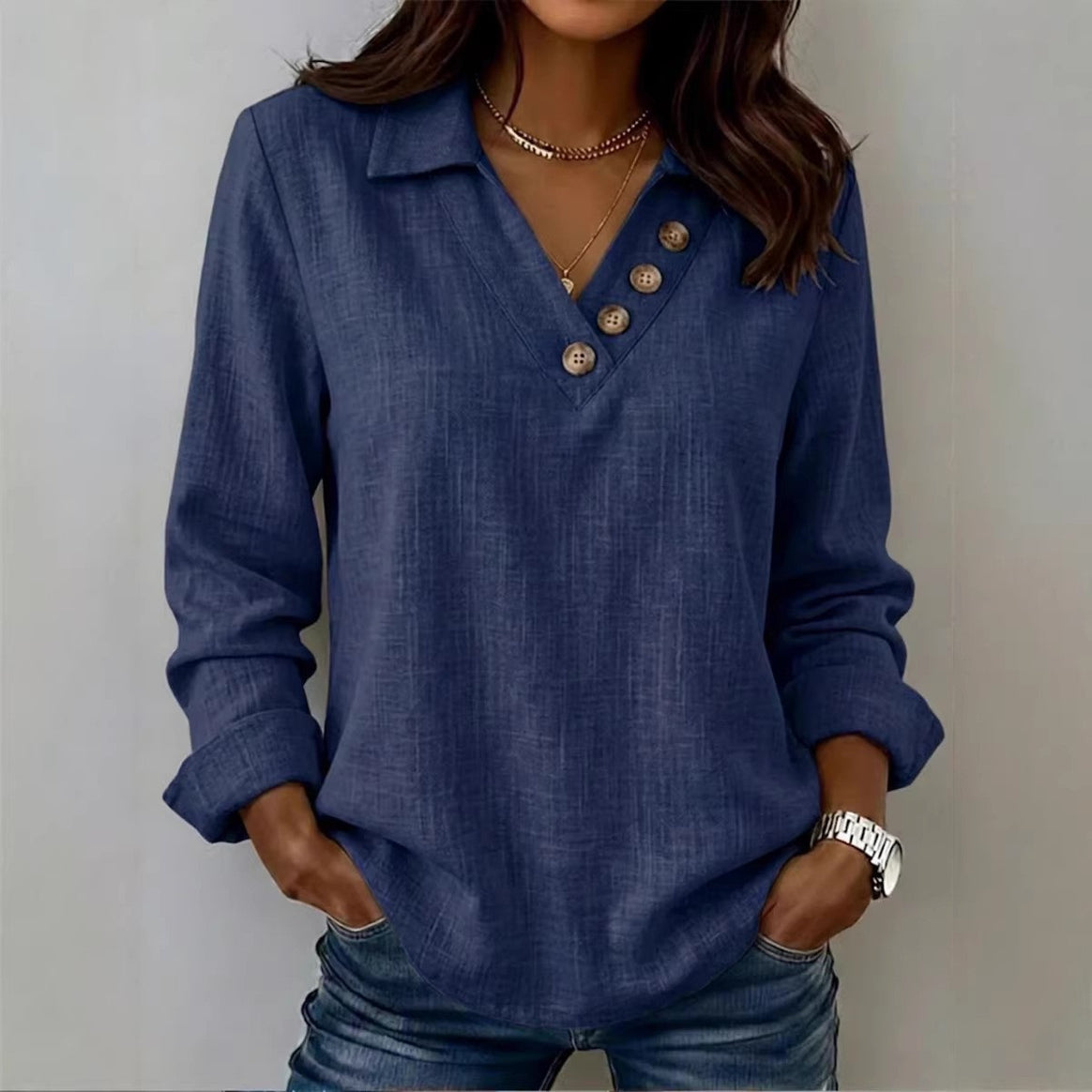Women's Casual V Neck Blouse Shirt with Shirt Collar and Asymmetrical Decorative Button Placket Mune Fashion