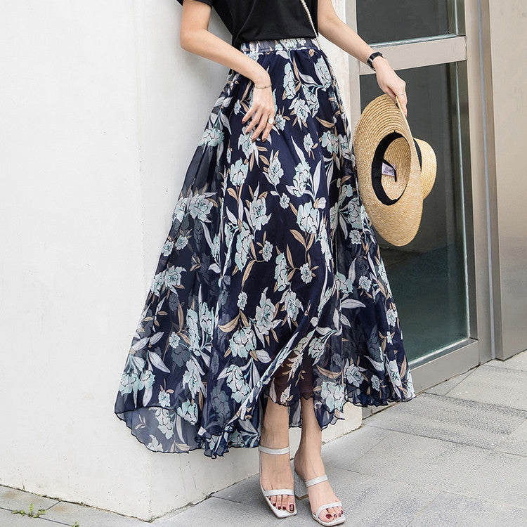 Women long pleated maxi skirt with floral summer print and elastic waistband Mune Fashion