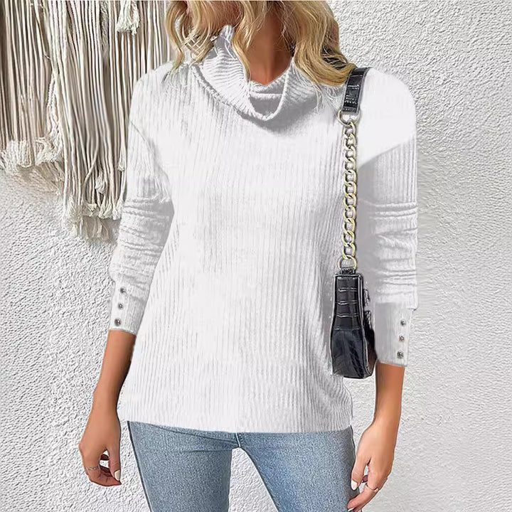 Women's Ribbed Turtleneck Sweater with 3/4 Sleeves and Decorative Button Placket Mune Fashion