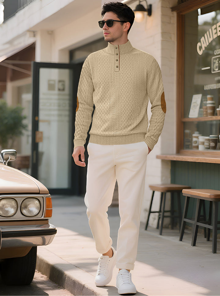 Men's noble button sweater in cable pattern with high stand-up collar and suede elbow patches Mune Fashion
