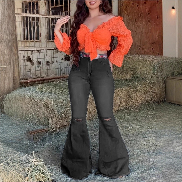Women's High-Waisted Flared Jeans with Flared Leg, Knee Rips, and Figure-Enhancing Stretch Waistband Mune Fashion