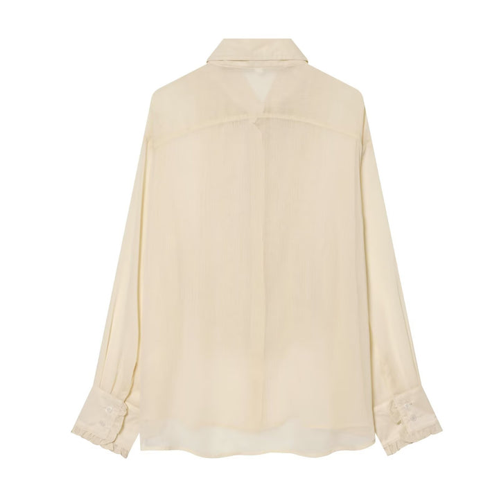 Women's Ruffled Hem Chiffon Blouse with Hidden Button Placket and Oversized Shirt Collar Mune Fashion