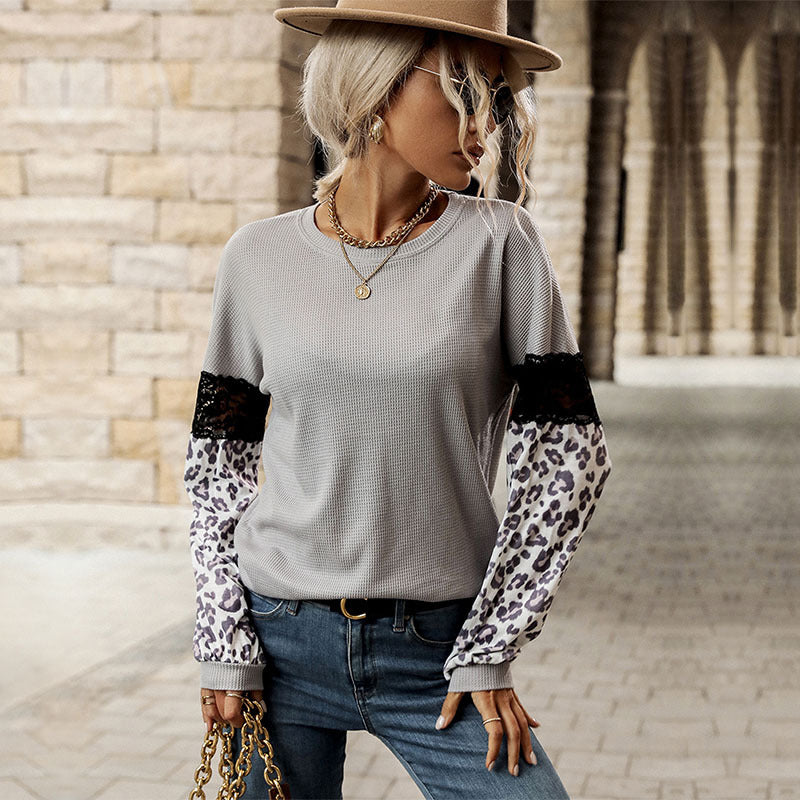 Women’s Long Sleeve Shirt with Leopard Sleeves and Lace Trim Mune Fashion