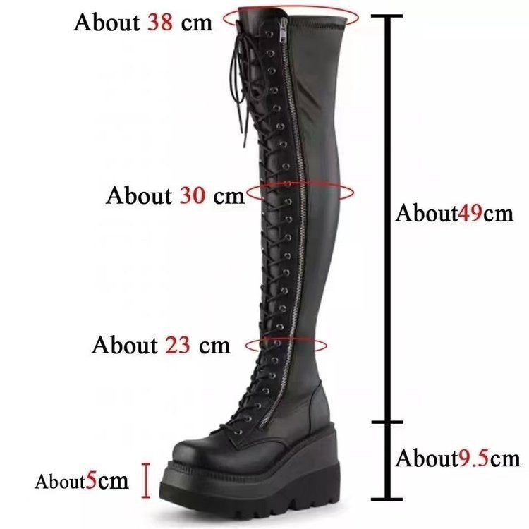 Women's Over-the-Knee Boots in Biker Style with Continuous Lacing, Side Zipper and Chunky Platform Sole Mune Fashion
