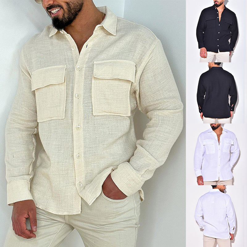 Men's Lightweight Linen Shirt with Chest Pockets and Full Button Placket Mune Fashion