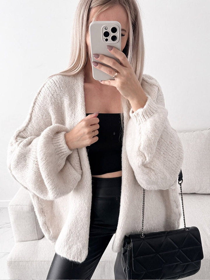 Women's Oversize Knit Cardigan with Voluminous Balloon Sleeves and Teddy-like Texture Mune Fashion