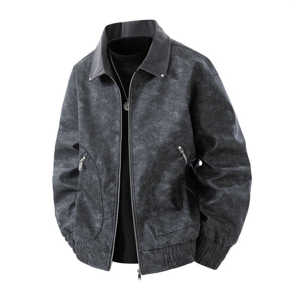 Men's Nano Vintage Leather Look Bomber Jacket with Cord Collar, two zip pockets and elastic hem Mune Fashion