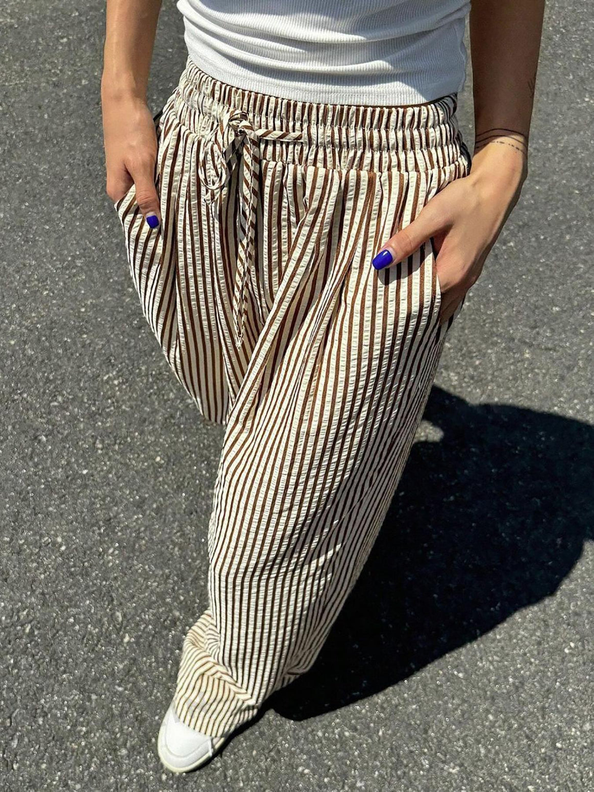 Women's Marlene striped pants made of linen blend with wide leg, elastic waistband and drawstring Mune Fashion