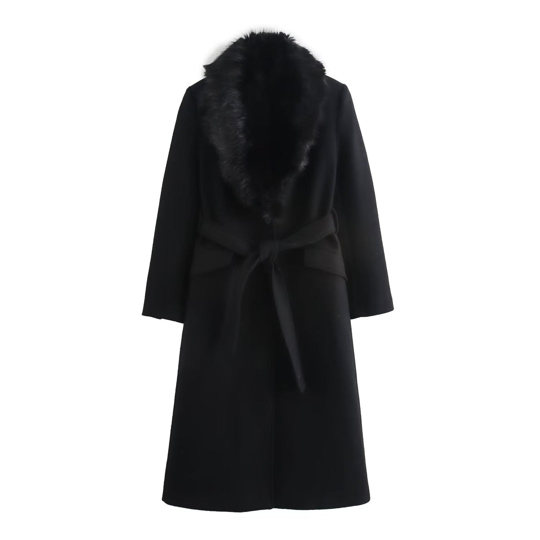 Women's wool coat with removable faux fur shawl collar and belted waist Mune Fashion