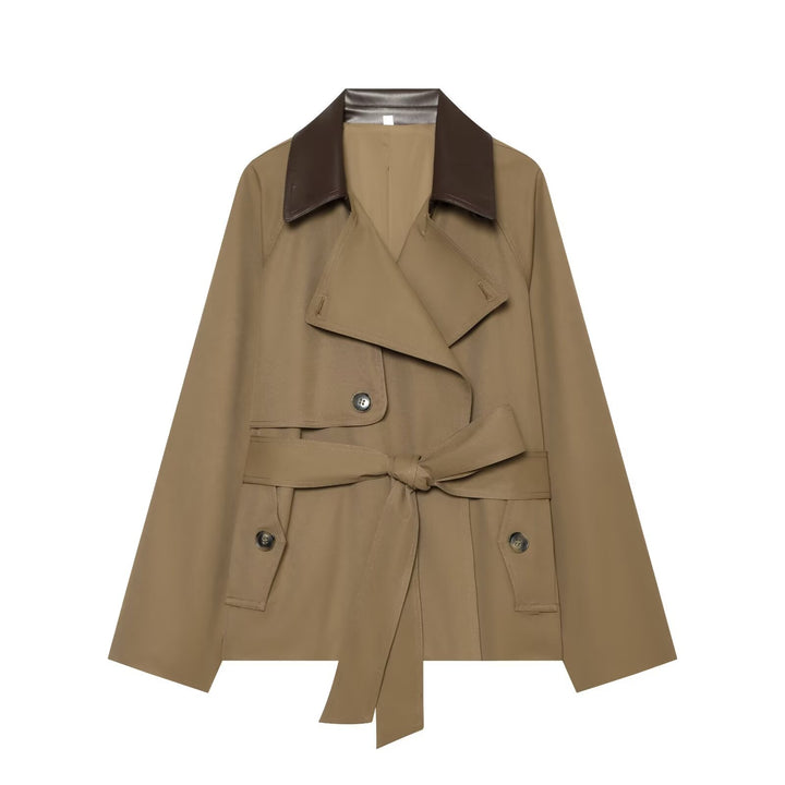 Women's short-cut trench coat with contrasting leather collar and waist belt Mune Fashion