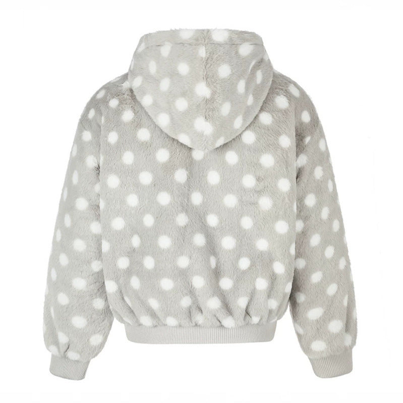 Women’s bomber-style hooded fleece jacket with polka dots and decorative frog button details Mune Fashion