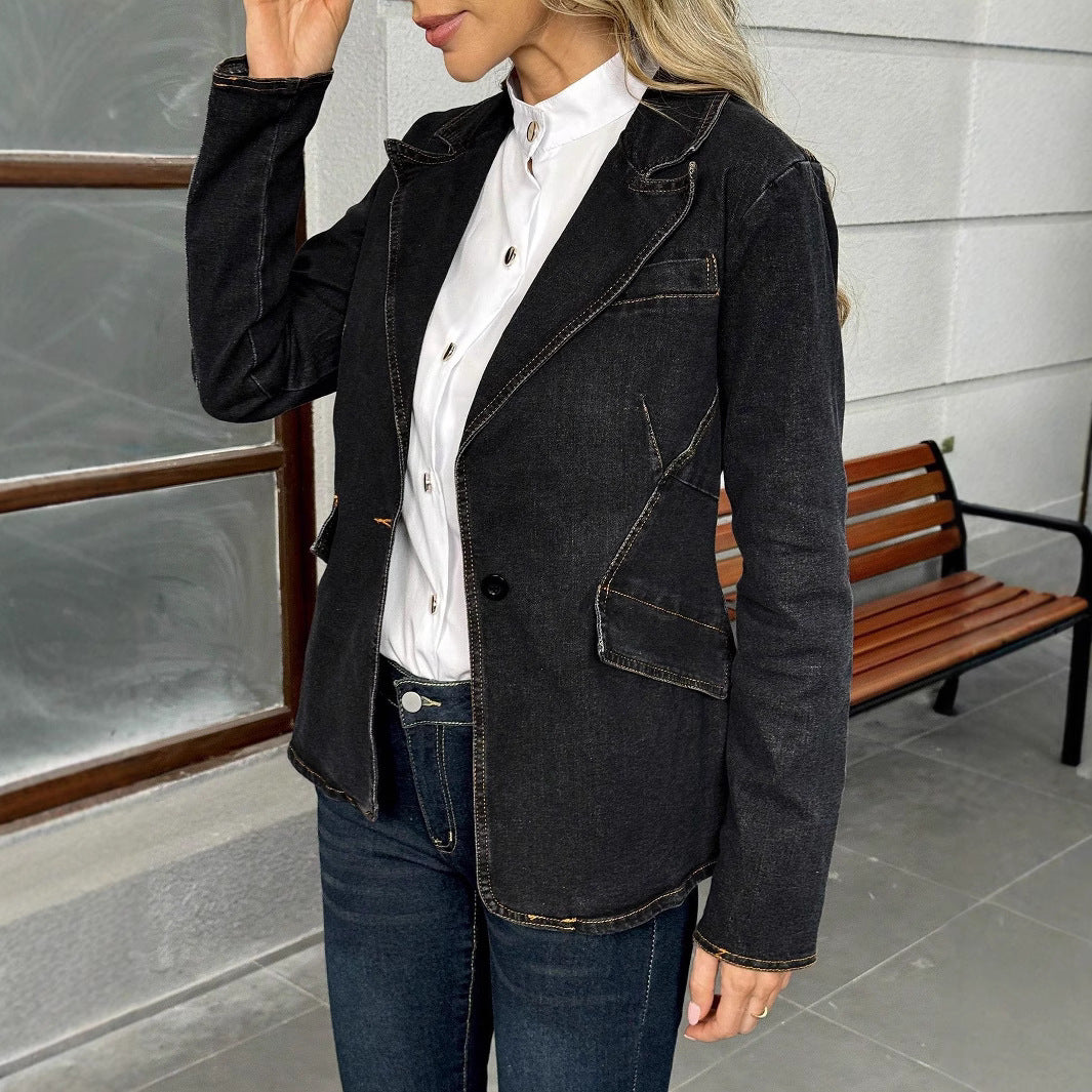 Women's tailored denim blazer with decorative seams and patch pockets Mune Fashion