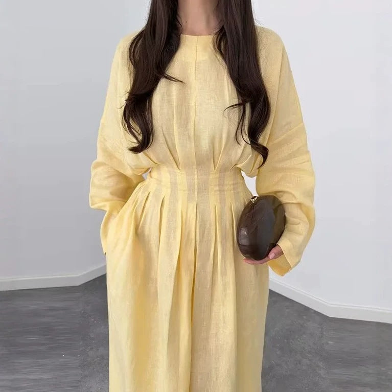 Ladies max dress with pleated bodice pleats, wide skirt and long bell sleeves Mune Fashion