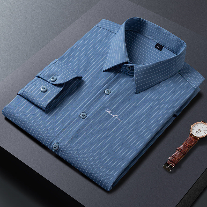 Men's classic striped business shirt made of cotton blend with Kent collar and chest logo Mune Fashion