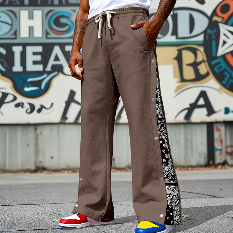 Men's Loose Snap-Track Pants with Drawstring, Side Bandana Trim and Snap Closure Mune Fashion