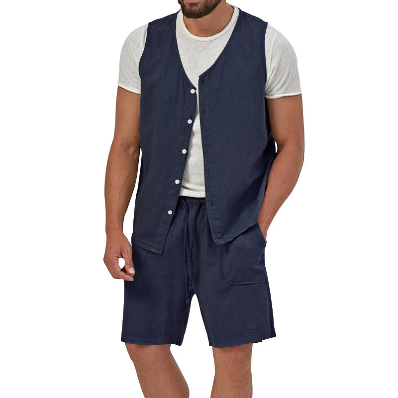 Men's two-piece leisure set with sleeveless button vest and wide drawstring shorts with patch pockets Mune Fashion
