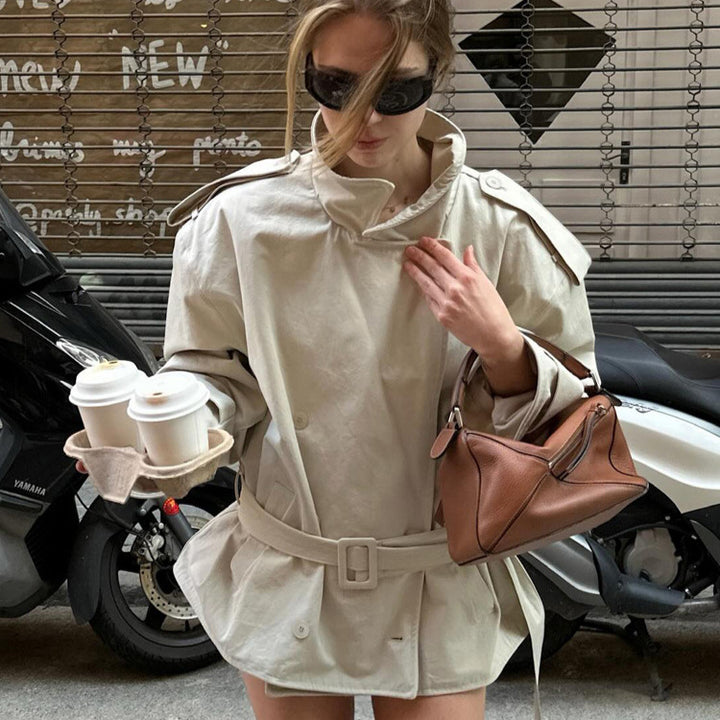 Women's short trench coat made of cotton blend with waist belt & shoulder epaulettes Mune Fashion