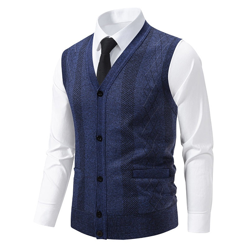 Men's Tailored Fine Knit Vest with V-Neck, Button Placket, and Side Pockets Mune Fashion