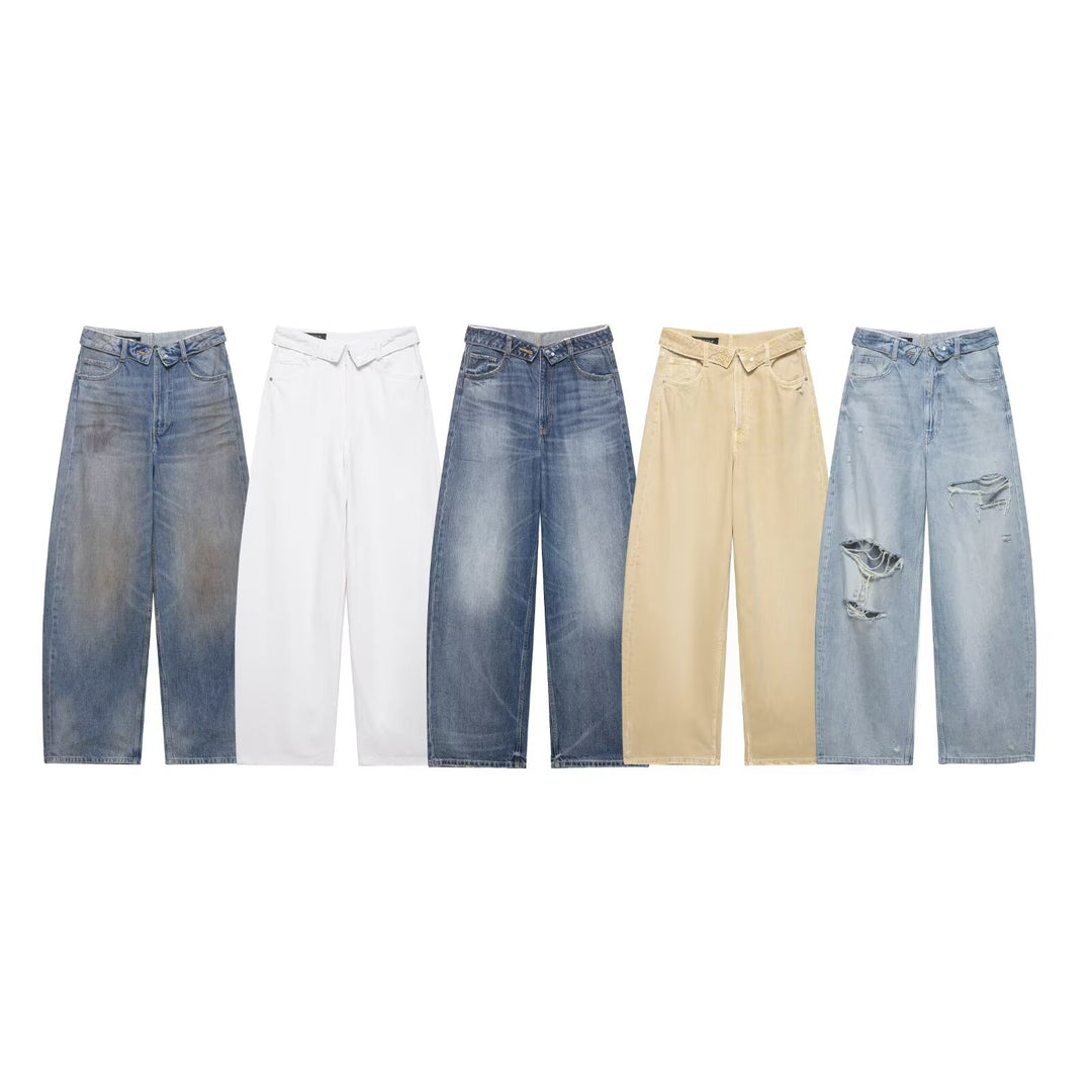 Women's wide high-waist jeans in vintage look with frayed rips Mune Fashion