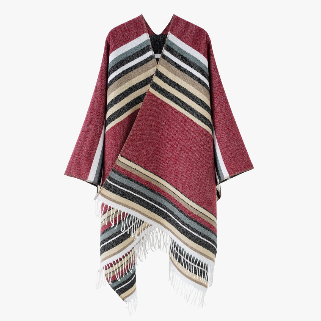 Women's Striped Wool Blend Poncho with Fringed Hem Mune Fashion