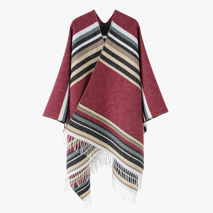 Women's Striped Wool Blend Poncho with Fringed Hem Mune Fashion