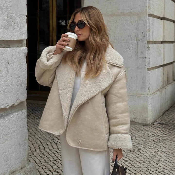 Ladies short jacket in lamb fur look with shawl collar and side patch pockets Mune Fashion