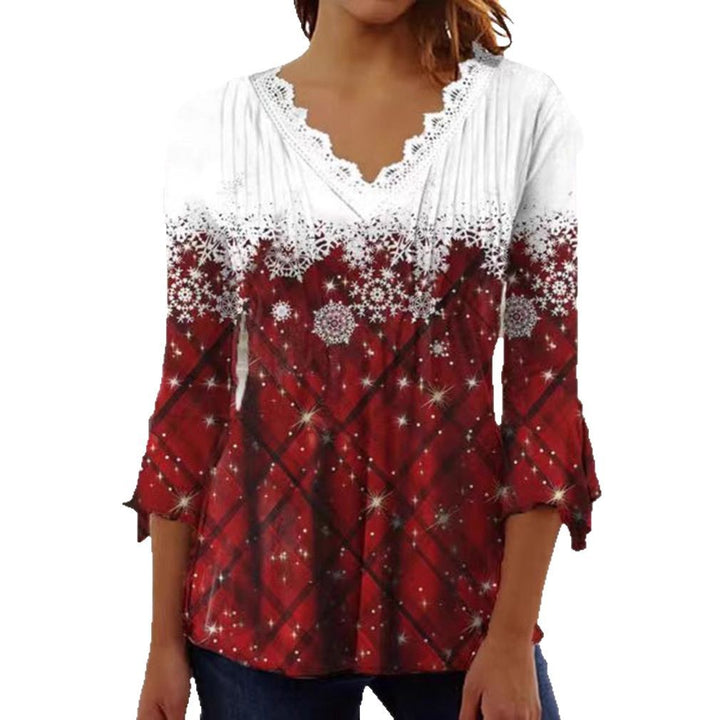 Women's Tunic blouse with lace V-neck, fine pleated yoke and wintry snowflake print Mune Fashion