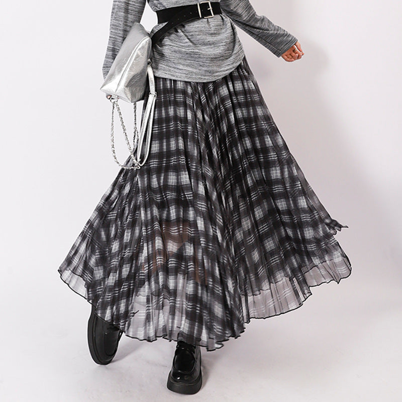 Women's pleated checked layered midi skirt with elasticated waistband and multi-layered chiffon structure Mune Fashion