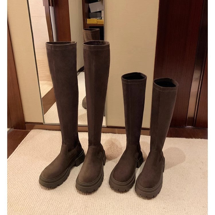 Women's Mid-Calf Suede Boots with Distinctive Lug Profile Sole and Elastic Slip Shaft Mune Fashion
