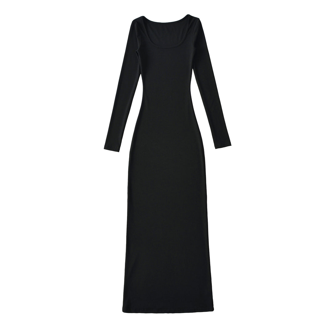 Women's figure-hugging ribbed midi dress with wide round neckline and long sleeves
