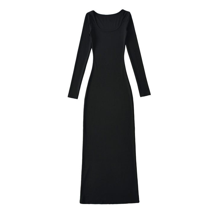 Women's figure-hugging ribbed midi dress with wide round neckline and long sleeves