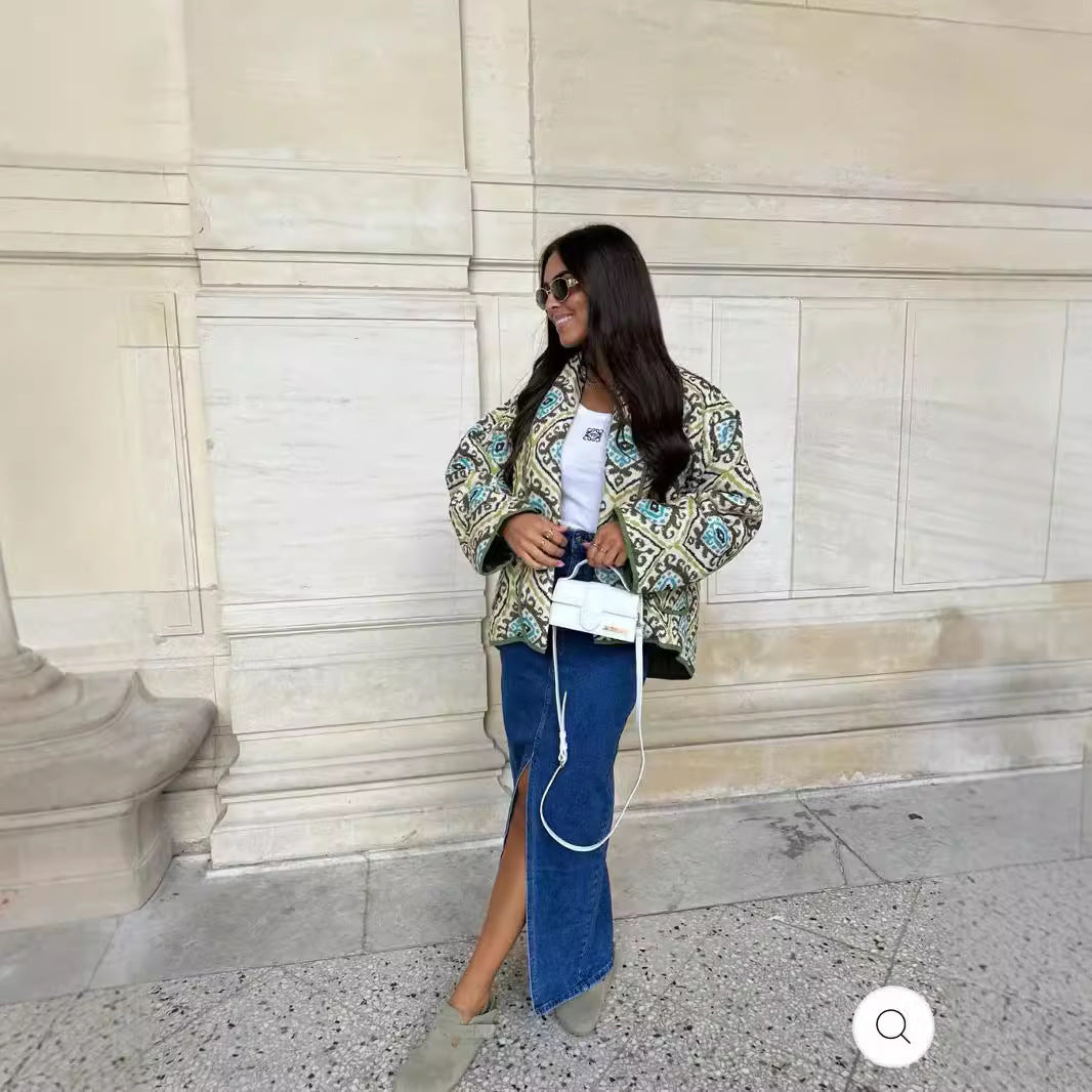 Women's Quilted Kimono Jacket with Graphic Allover Pattern, Shawl Collar and Patch Pockets Mune Fashion