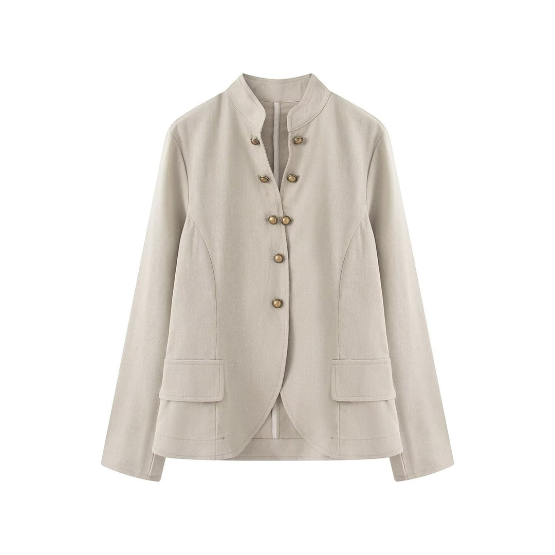 Women Elegant Short Jacket with Standing Collar, Decorative Toggle Buttons and Flap Pockets Drune