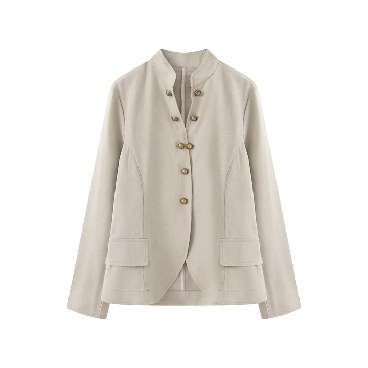 Women Elegant Short Jacket with Standing Collar, Decorative Toggle Buttons and Flap Pockets Drune