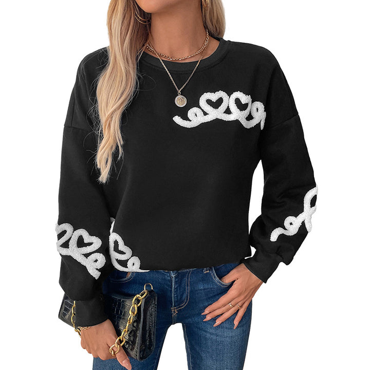 Women's Oversized Sweatshirt with Chenille Heart Applique and Ribbed Hem Mune Fashion